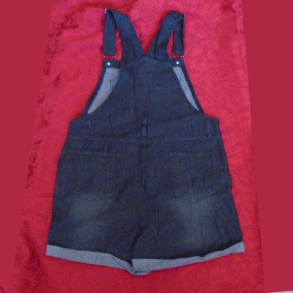 Women's Casual Black Denim Bib Overalls Shorts Adjustable Straps Cuffed Hem Med. - Picture 2 of 5